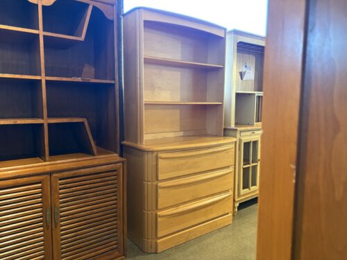 LITTLE FOLKS Vintage Mid-Century Modern Maple Solids & Veneers 3-Drawer Chest w/ Bookshelf Hutch