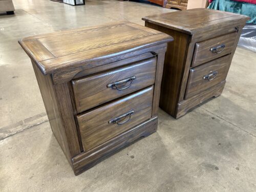 HARRISON Vintage Solid Oak Rustic 2 Drawer Nightstands with Aged Brass Swing Pulls Model (Set of 2)