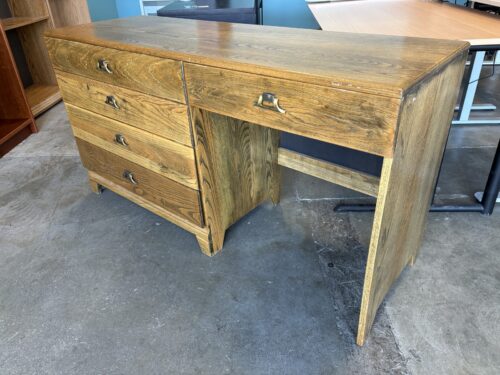 Vintage Solid Oak 5 Drawer Writing Desk with Decorative Swing Pulls