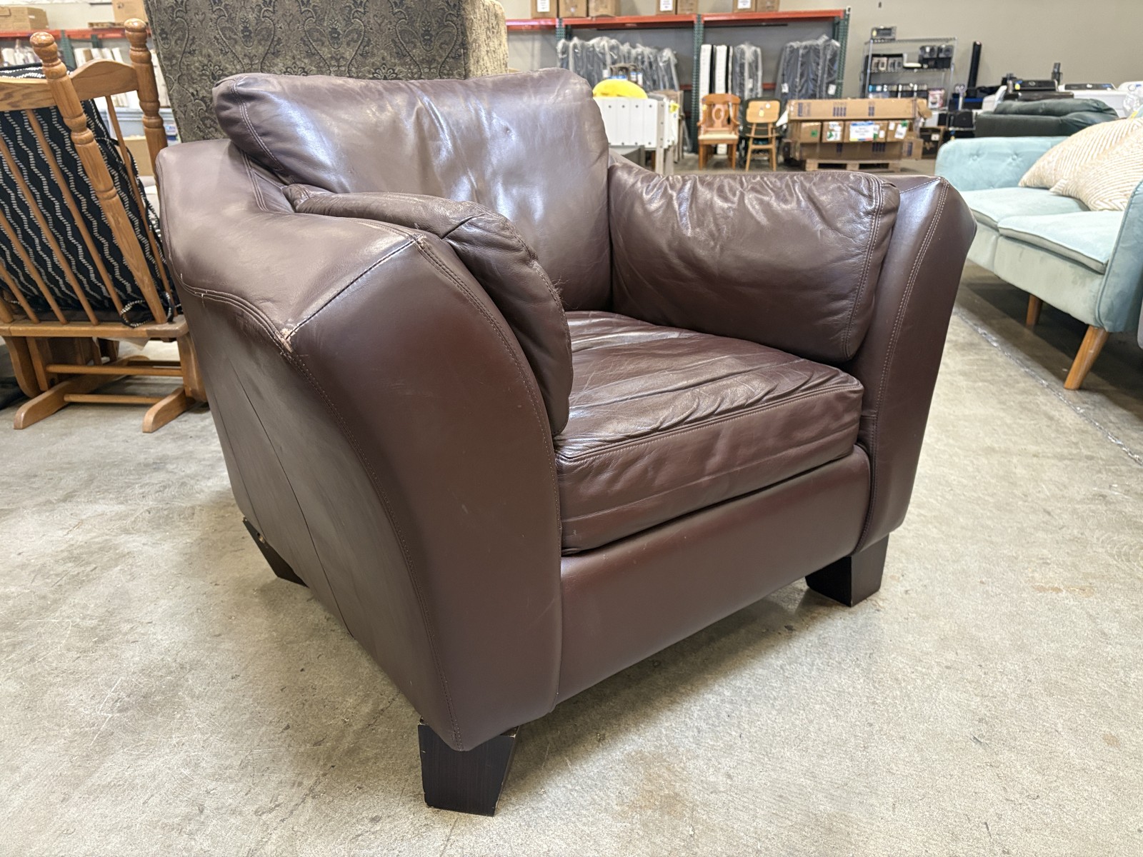 Brown Leather Club Chair with Plush Overstuffed Cushions and Wood Block Feet