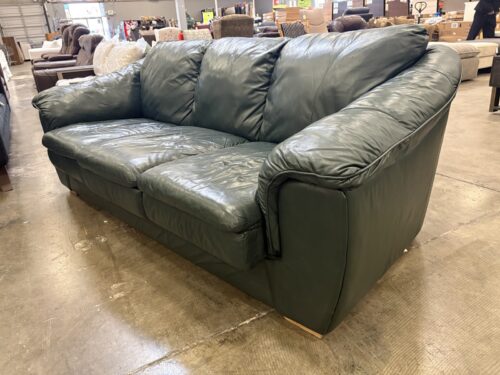 Vintage Green Leather Pillow Top 3 Seat Sofa