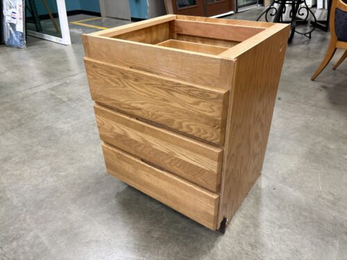 Oak Finished 30x24 3 Drawer Lower Cabinet with Finger Pulls