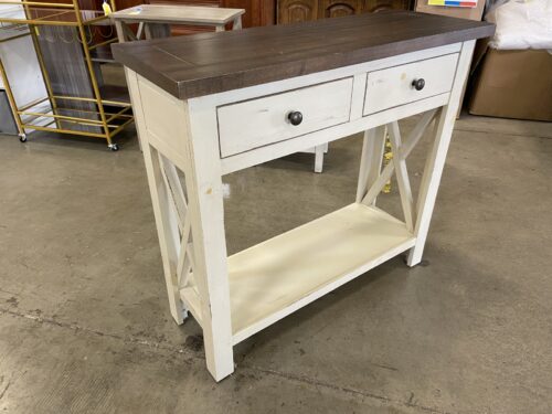 Farmhouse Style Two-Tone Console Table With Distressed Antiqued Wood Base
