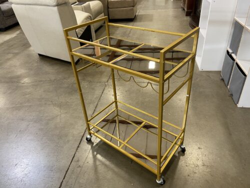 Modern Gold-Tone Bar Cart with Mirrored Glass Shelves and Built In Stemware Holders