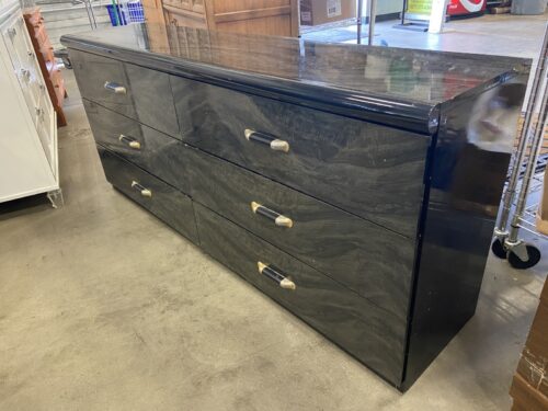 Vintage 80's Black Laquered and Marble Style Laminate 6 Drawer Dresser with Unique Hardware
