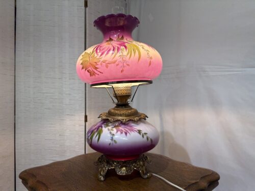 Vintage Hand Painted Hurricane Parlor Lamp with Floral Design