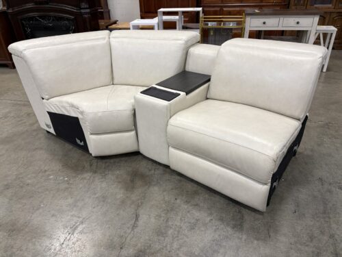Contemporary Ivory Leather Partial Curved Power Reclining Sofa with Power Assisted Cup Holder Console