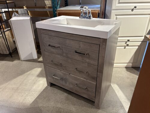 Single Sink White Washed Oak Freestanding Bath Vanity with White Cultured Top
