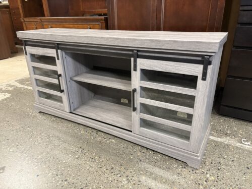 Grey Modern Farmhouse Sliding Glass Door Media Stand w/ USB Plug