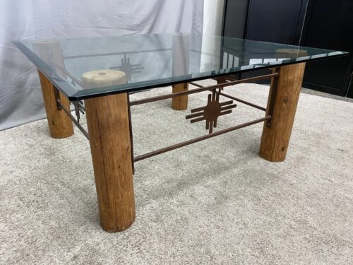 Rustic Southweastern-Style Square Glass Topped Metal and Log Coffee Table