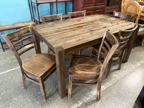 Modern Rustic Dark Wood Rectangular Dining Table w/ 6 Ladder Back Chairs