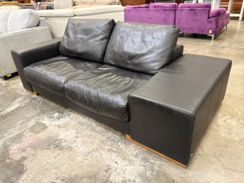NATUZZI ITALIA Italian Minimalist Style Pebbled Black Leather 3 Piece Wide Arm Sofa with Wood Trim