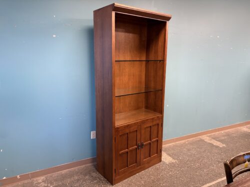 Vintage Warm Wood Craftsman Style Glass Shelf Bookcase w/ Lower Cabinet