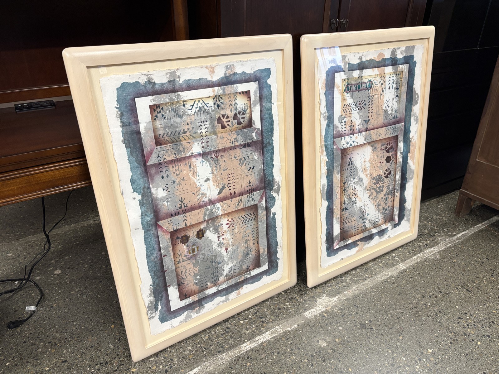 Vintage “Glyph 1 & 2” Diptych Signed & Numbered Lithograph by Bruce Weinberg (Set of 2)