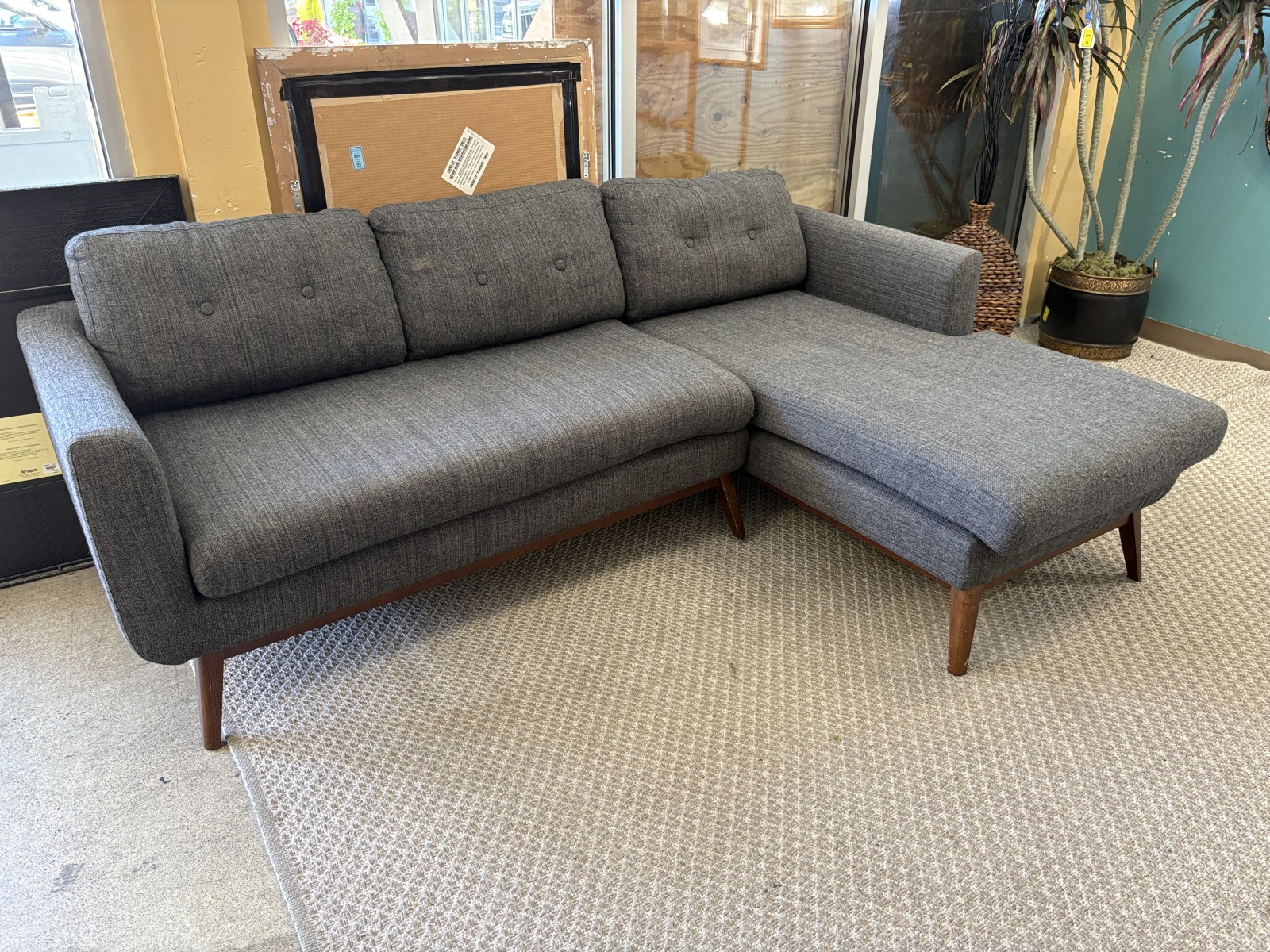 Dark Grey Fabric MCM Style Sofa w/ Chaise