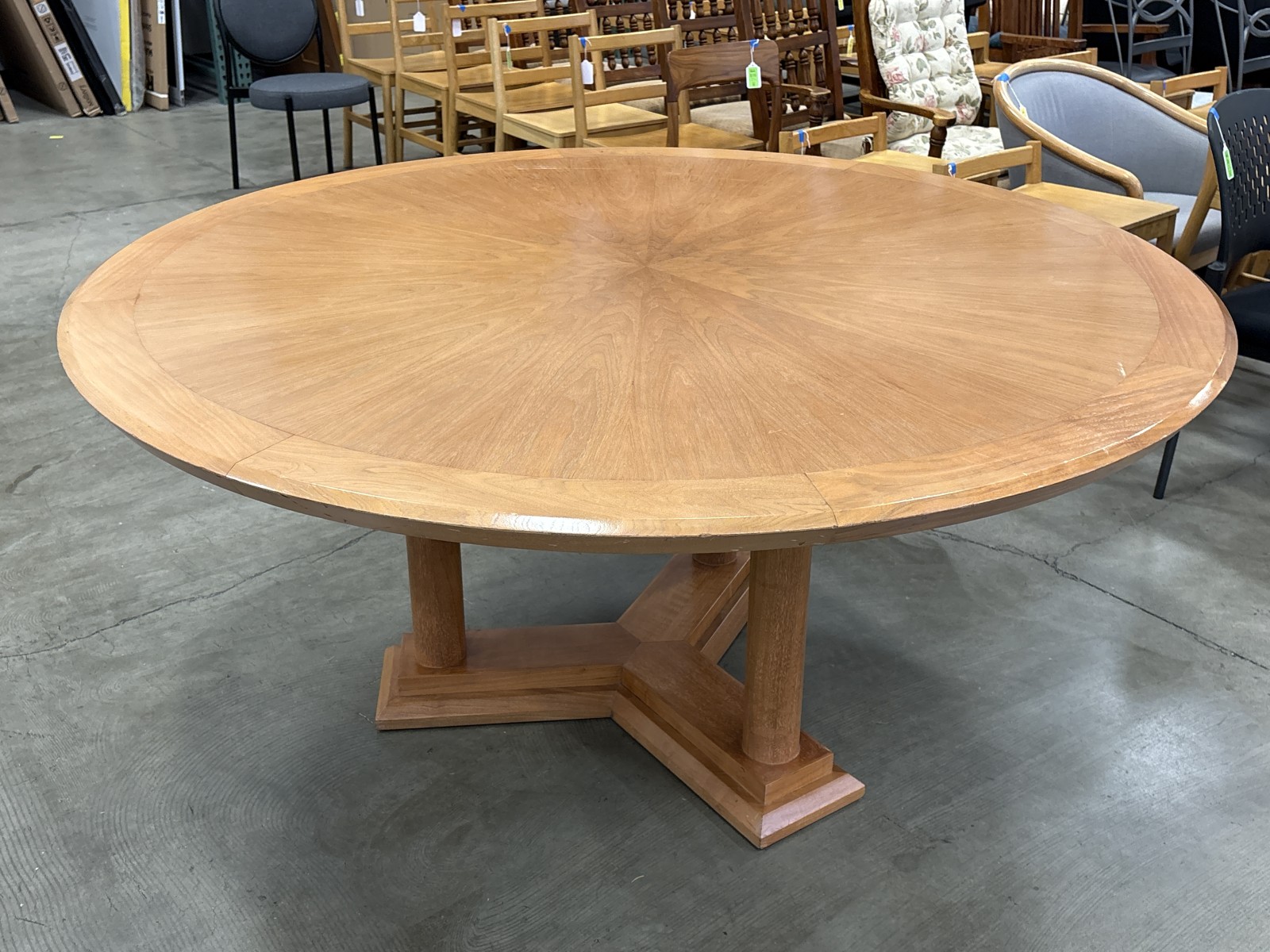 Large Round Wooden Dining Table with Starburst Veneer Top and Multi-Column Pedestal Base