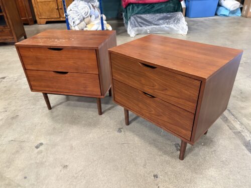 Walnut Finished MCM Style 2 Drawer Nightstand with Finger Pulls (Set of 2)
