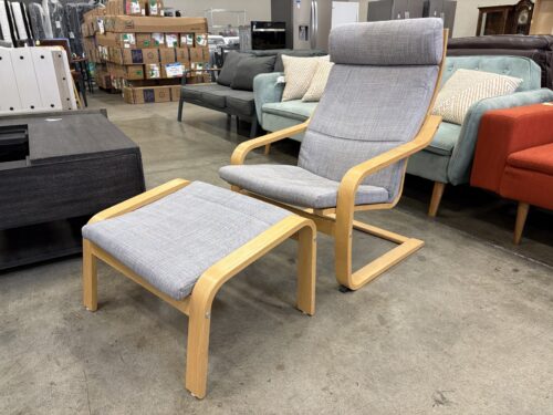 IKEA Poang Birch Veneer Rocking Lounger with Heathered Grey Cushions and Ottoman