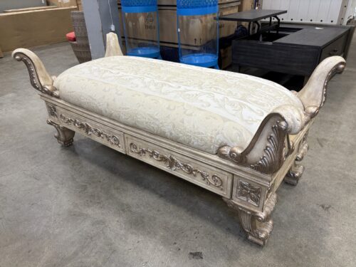 Ornate Ivory Upholstered Bench with Painted Metallic Accents and Discreet Drawers