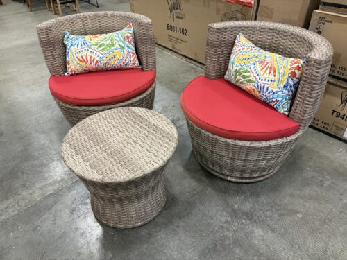 Light Brown Poly-Rattan Swiveling Barrel Chair Set with Flared Side Table and Bright Cushions (Set of 3)