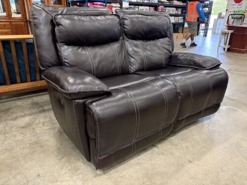 JASON FURNITURE Drown-Black Leather Manually Reclining Loveseat with Contrast Stitch Pillow-Top