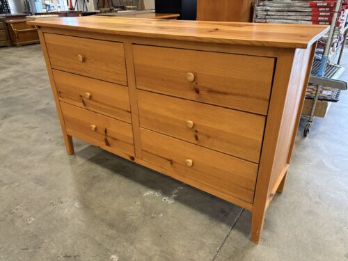 Honey Finished Wooden 6 Drawer Lowboy Dresser with Wooden Pulls