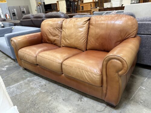 LANE Vintage Caramel Leather English Club Style 3 Seat Sofa with Rolled Arms