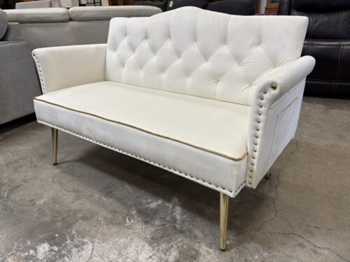Petite Ivory Velvet Upholstered Settee with Gold-Tone Legs and Nailhead Trim