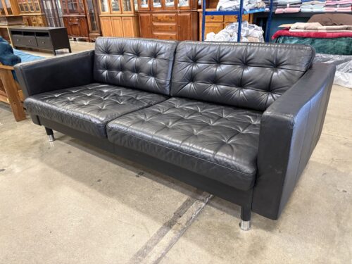 IKEA Morabo Modern Tufted Track Arm Sofa in Pebbled Black Leather with Chrome Legs