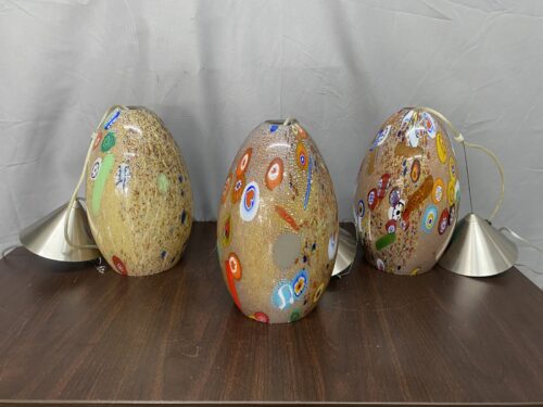MURANO MILLEFIORI Italian Hand Blown Glass Art Pendant Lights w/ Silver Details (Set of 3)