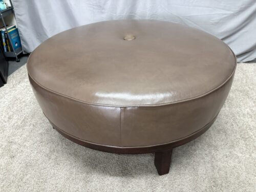 CRATE & BARREL Tan Leather Round Cocktail Ottoman