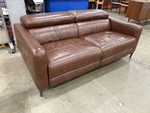 JASON FURNITURE Chocolate Brown Leather Power Reclining Loveseat with Manually Adjustable Headrests