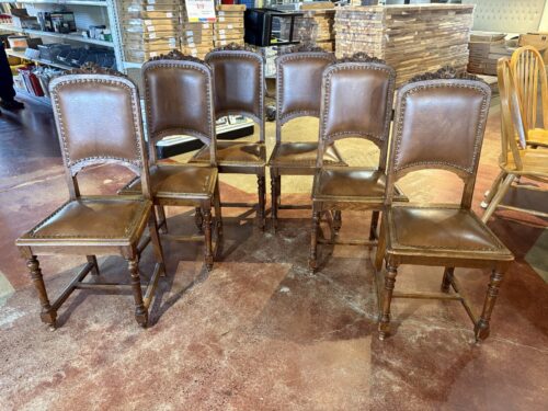 Antique Leather Carved Oak Dining Chairs w/ Nailhead Trim (Set of 6)