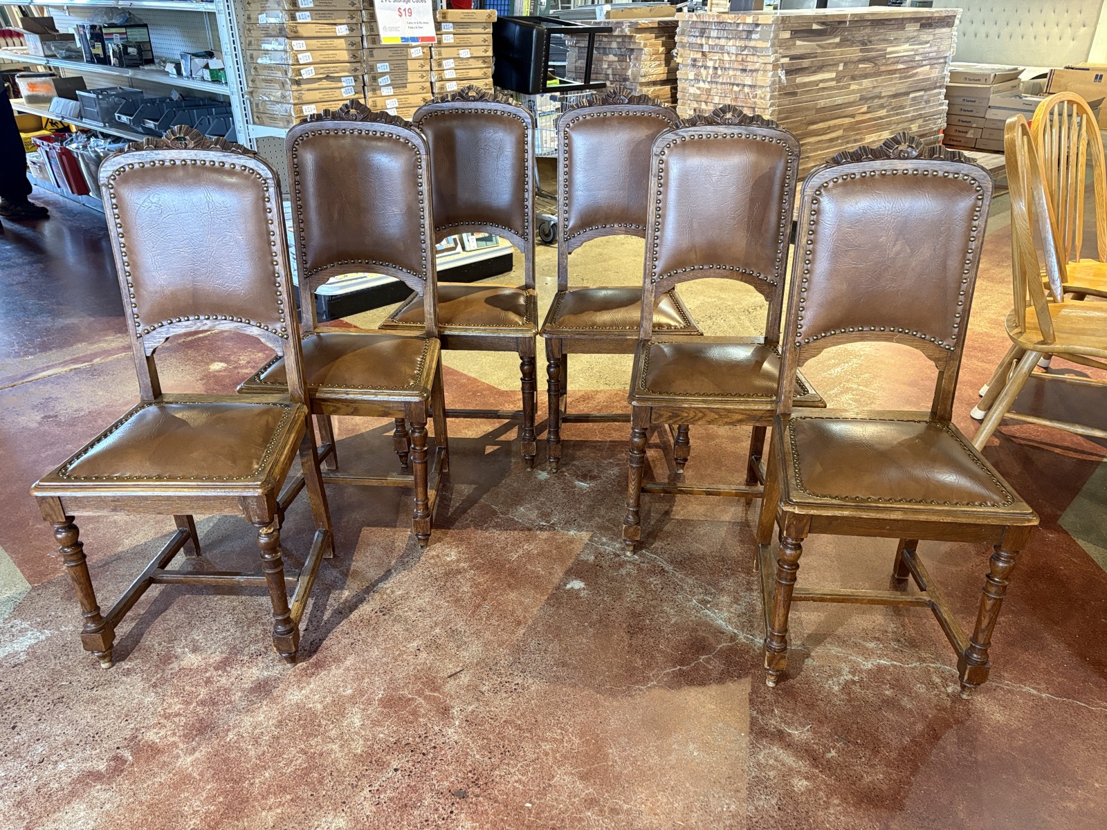 Antique Leather Carved Oak Dining Chairs w/ Nailhead Trim (Set of 6)