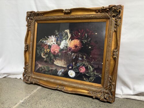 Ornate Carved Wooden Antiqued Gold Frame with Still Life Print