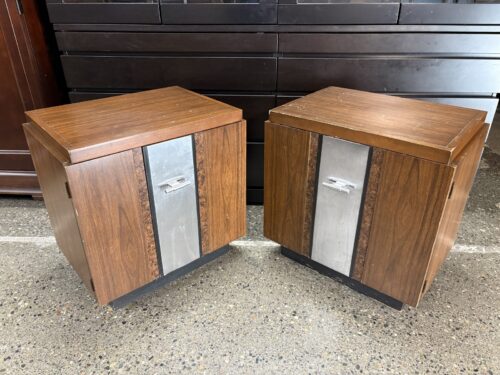 CORNWELL CO. INC. Vintage Mid-Century Brutalist Nightstand w/ Stainless Steel & Burlwood Inlay