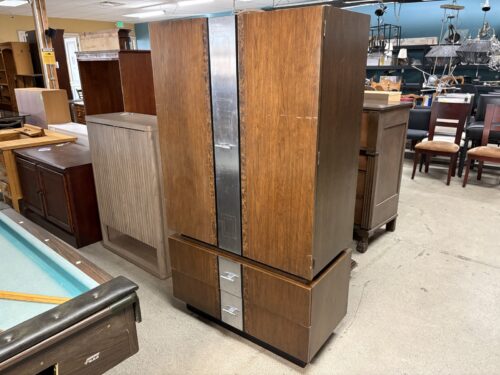 CORNWELL CO. INC. Vintage Mid-Century Brutalist Armoire w/ Stainless Steel & Burlwood Inlay