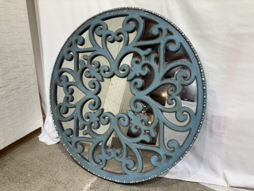 Round Teal Wall Mirror with Openwork Scroll and Filigree Pattern