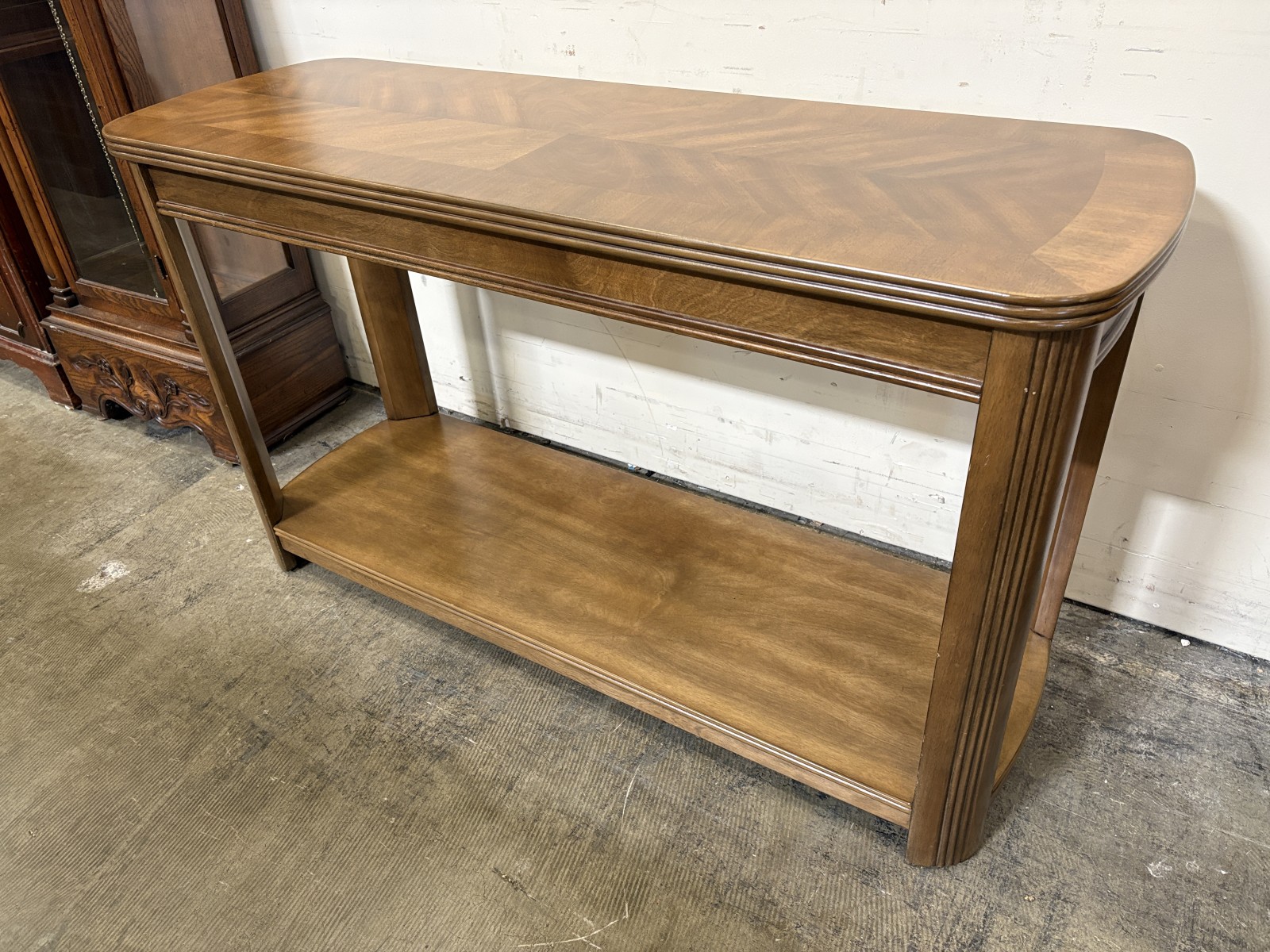 Wooden 2 Tier Console Table with Bookmatched Veneer Top