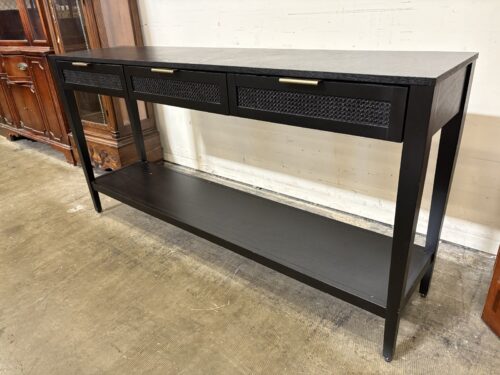 Modern Black 3 Drawer Console Table with Cane Drawer Fronts and Sleek Brass Pulls