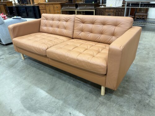 IKEA Morabo Modern Camel Brown Tufted Leather Sofa with Light Wood Legs