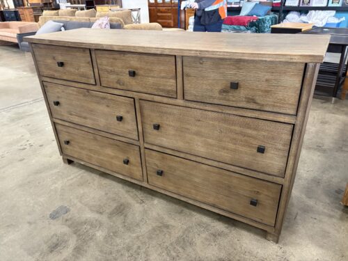 Rustic Wood-Grain Finished 7 Drawer Dresser with Square Black Metal Pulls