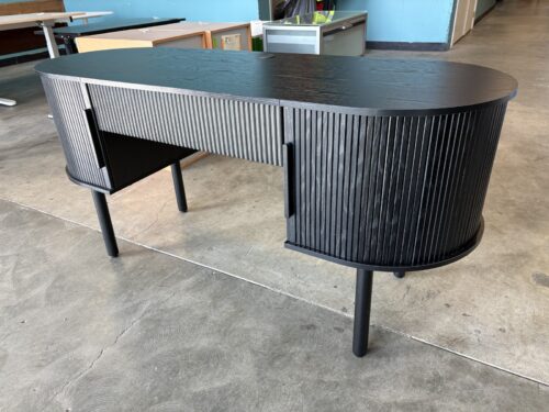 Black Oval Writing Desk with Fluted Drawer Facade and Tambour Doors