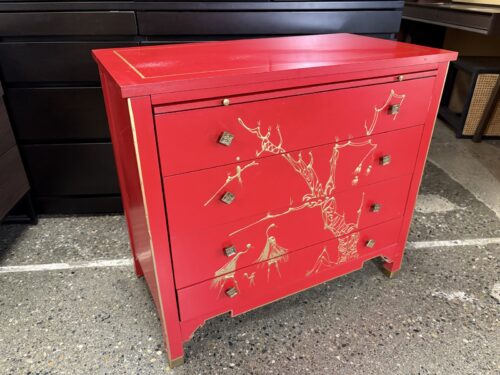 PERMACRAFT Vintage Red Lacquered Hand Painted Chinoiserie 4-Drawer Chest