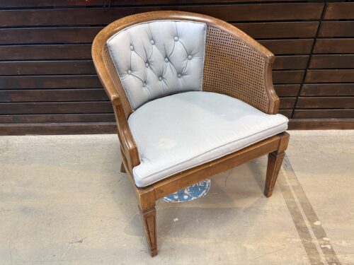 Vintage Hollywood Regency Light Blue Upholstered Cane Barrelback Chair