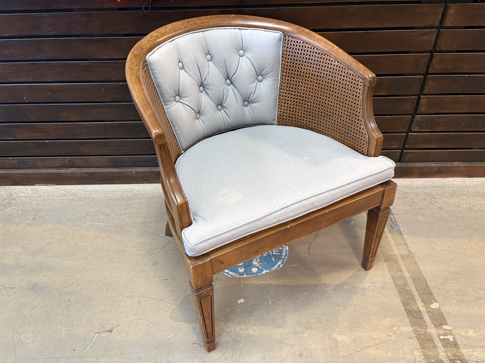 Vintage Hollywood Regency Light Blue Upholstered Cane Barrelback Chair