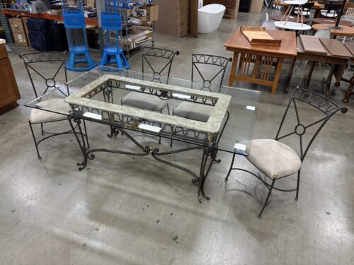 Vintage Wrought Iron Marble and Glass Top Dining Table and 4 Chairs