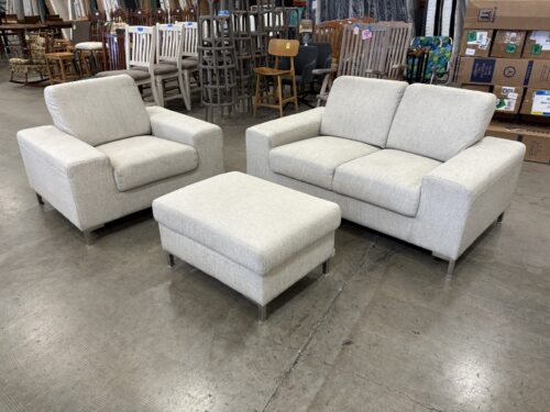 Modern Light Beige Square Arm Loveseat and Accent Chair with Ottoman and Chrome Legs (Set of 3)