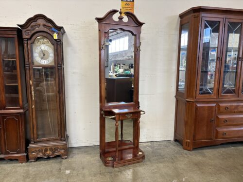 PULASKI Vintage Victorian Style Mirrored Hall Tree with Brass Accents and False Drawer
