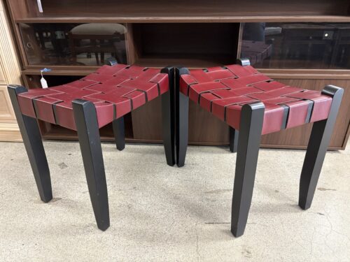 Dark Red Leather Woven Strap Stool w/ Black Wood Frame (Set of 2)